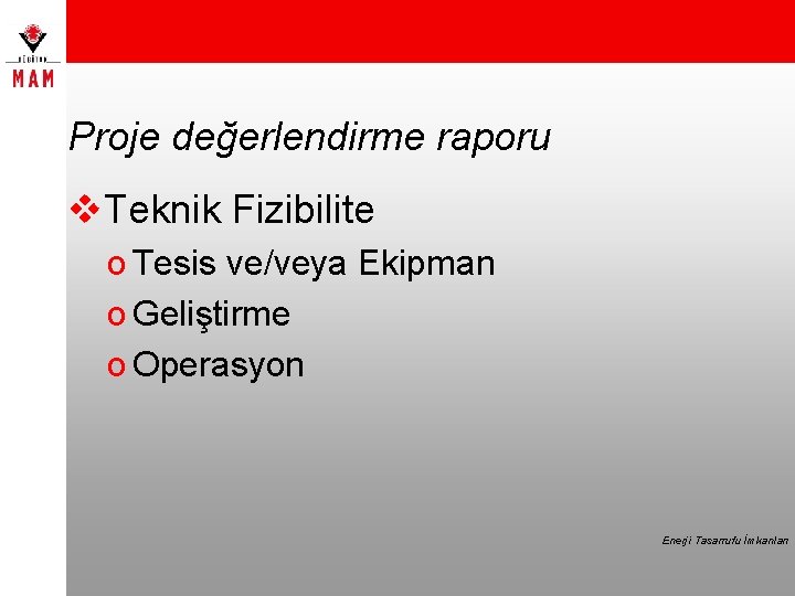 Proje değerlendirme raporu v. Teknik Fizibilite o Tesis ve/veya Ekipman o Geliştirme o Operasyon