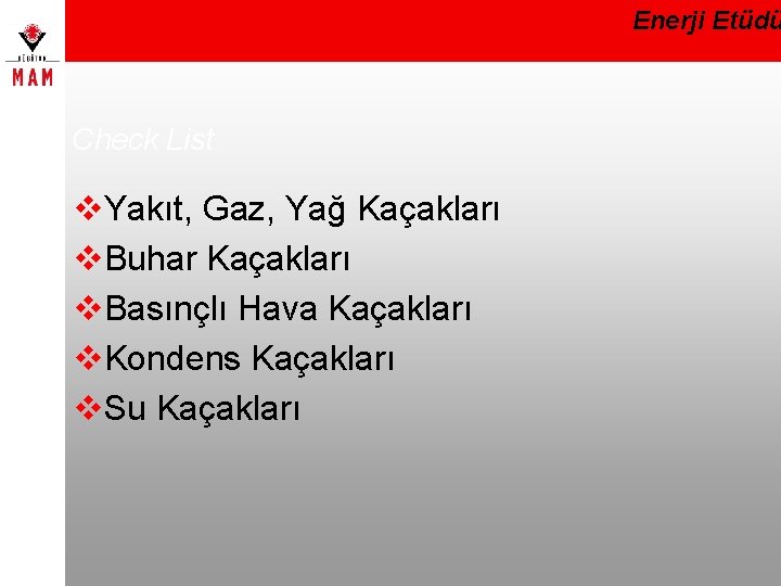 Enerji Etüdü Check List v. Yakıt, Gaz, Yağ Kaçakları v. Buhar Kaçakları v. Basınçlı