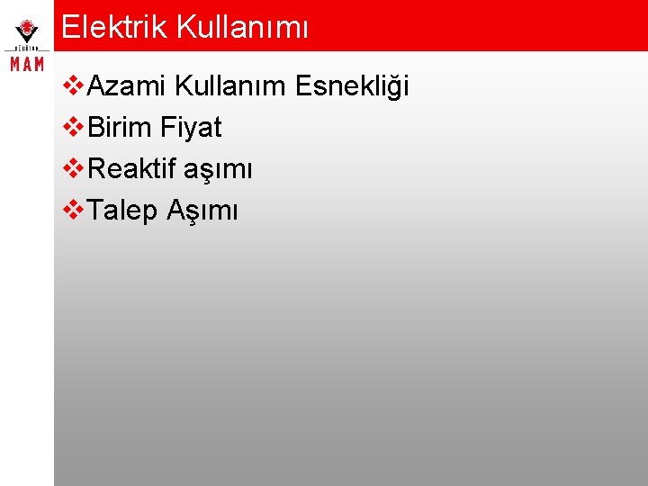 Elektrik Kullanımı v. Azami Kullanım Esnekliği v. Birim Fiyat v. Reaktif aşımı v. Talep