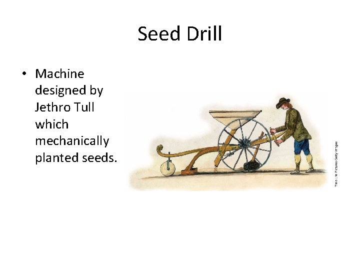 Seed Drill • Machine designed by Jethro Tull which mechanically planted seeds. 