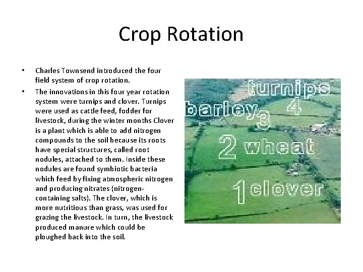 Crop Rotation • • Charles Townsend introduced the four field system of crop rotation.