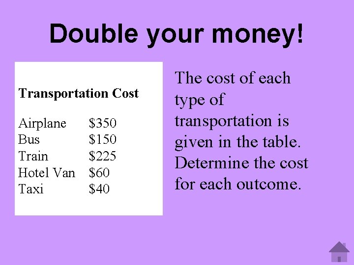 Double your money! Transportation Cost Airplane Bus Train Hotel Van Taxi $350 $150 $225