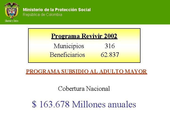 Ministerio de la Protección Social República de Colombia Programa Revivir 2002 Municipios 316 Beneficiarios
