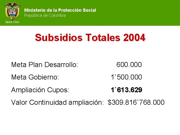 Ministerio de la Protección Social República de Colombia Subsidios Totales 2004 Meta Plan Desarrollo: