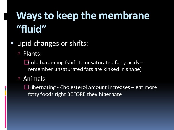 Ways to keep the membrane “fluid” Lipid changes or shifts: Plants: �Cold hardening (shift