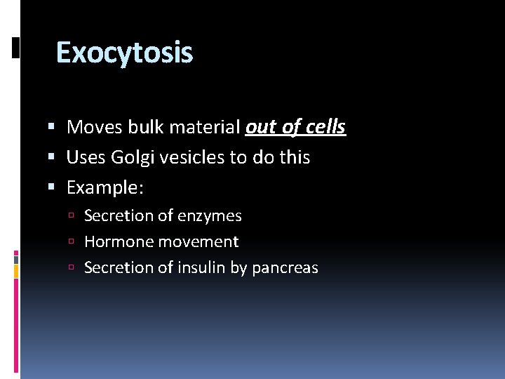 Exocytosis Moves bulk material out of cells Uses Golgi vesicles to do this Example:
