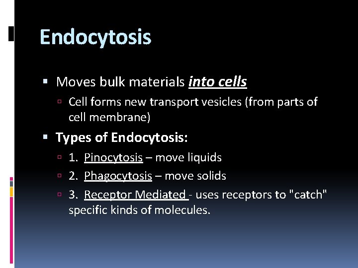 Endocytosis Moves bulk materials into cells Cell forms new transport vesicles (from parts of