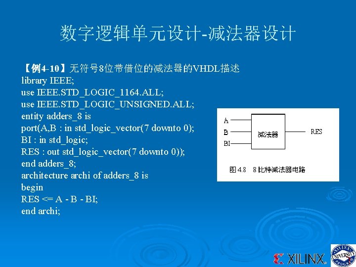 数字逻辑单元设计-减法器设计 【例4 -10】无符号 8位带借位的减法器的VHDL描述 library IEEE; use IEEE. STD_LOGIC_1164. ALL; use IEEE. STD_LOGIC_UNSIGNED. ALL;