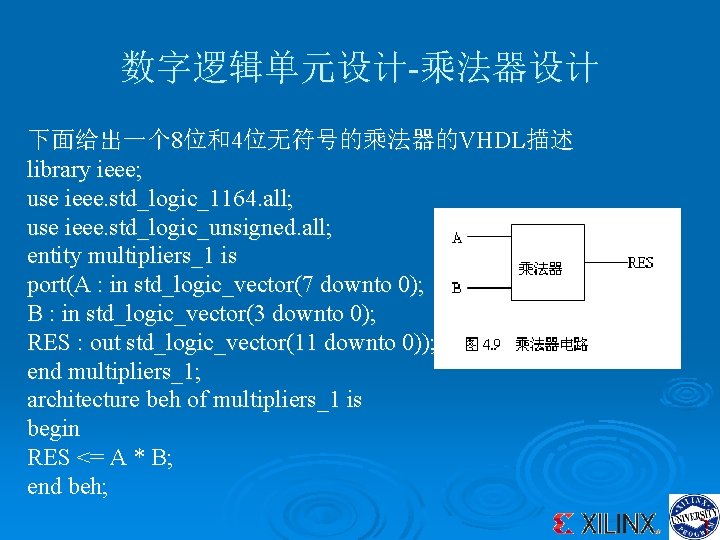 数字逻辑单元设计-乘法器设计 下面给出一个 8位和4位无符号的乘法器的VHDL描述 library ieee; use ieee. std_logic_1164. all; use ieee. std_logic_unsigned. all; entity