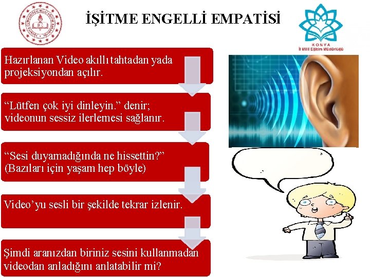 İŞİTME ENGELLİ EMPATİSİ Hazırlanan Video akıllı tahtadan yada projeksiyondan açılır. “Lütfen çok iyi dinleyin.