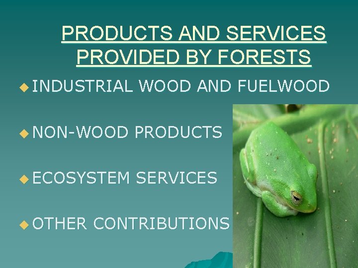 PRODUCTS AND SERVICES PROVIDED BY FORESTS u INDUSTRIAL WOOD AND FUELWOOD u NON-WOOD PRODUCTS