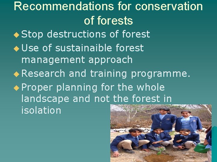 Recommendations for conservation of forests u Stop destructions of forest u Use of sustainaible