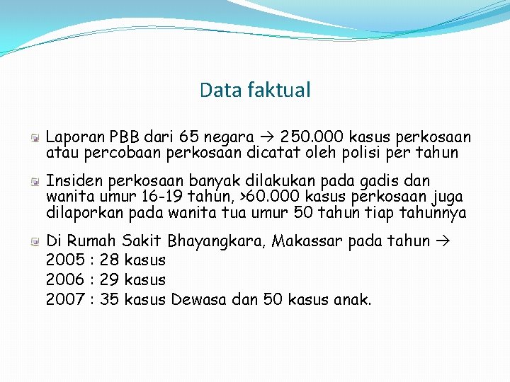Data faktual Laporan PBB dari 65 negara 250. 000 kasus perkosaan atau percobaan perkosaan