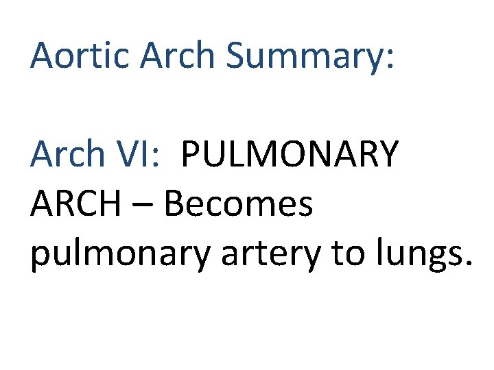 Aortic Arch Summary: Arch VI: PULMONARY ARCH – Becomes pulmonary artery to lungs. Aortic Arch Summary: Arch VI: PULMONARY ARCH – Becomes pulmonary artery to lungs.