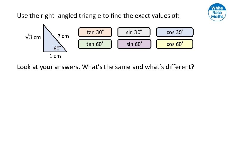 Use the right–angled triangle to find the exact values of: 2 cm 60° 1