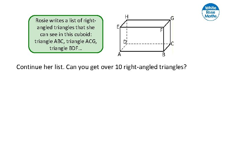 Rosie writes a list of rightangled triangles that she can see in this cuboid: