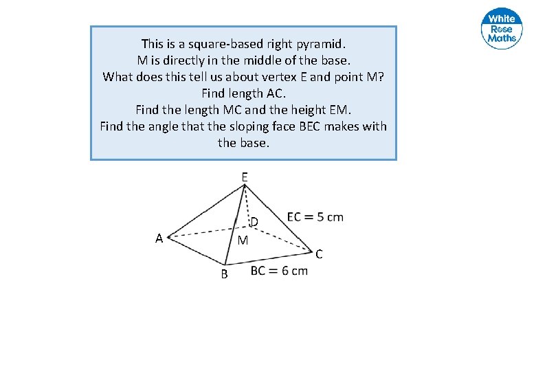 This is a square-based right pyramid. M is directly in the middle of the