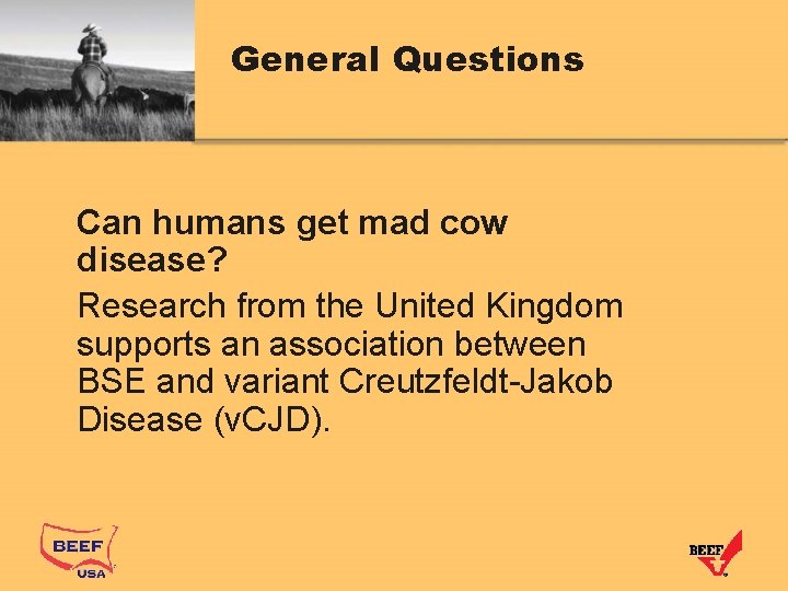 General Questions Can humans get mad cow disease? Research from the United Kingdom supports