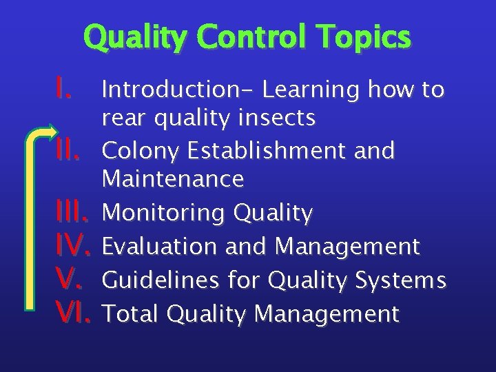 Quality Control Topics I. III. IV. V. VI. Introduction- Learning how to rear quality