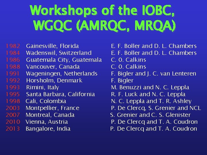Workshops of the IOBC, WGQC (AMRQC, MRQA) 1982 1984 1986 1988 1991 1992 1993