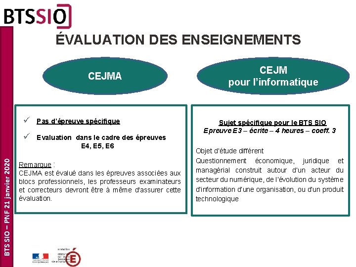 ÉVALUATION DES ENSEIGNEMENTS CEJMA ü Pas d’épreuve spécifique ü BTS SIO – PNF 21 ÉVALUATION DES ENSEIGNEMENTS CEJMA ü Pas d’épreuve spécifique ü BTS SIO – PNF 21