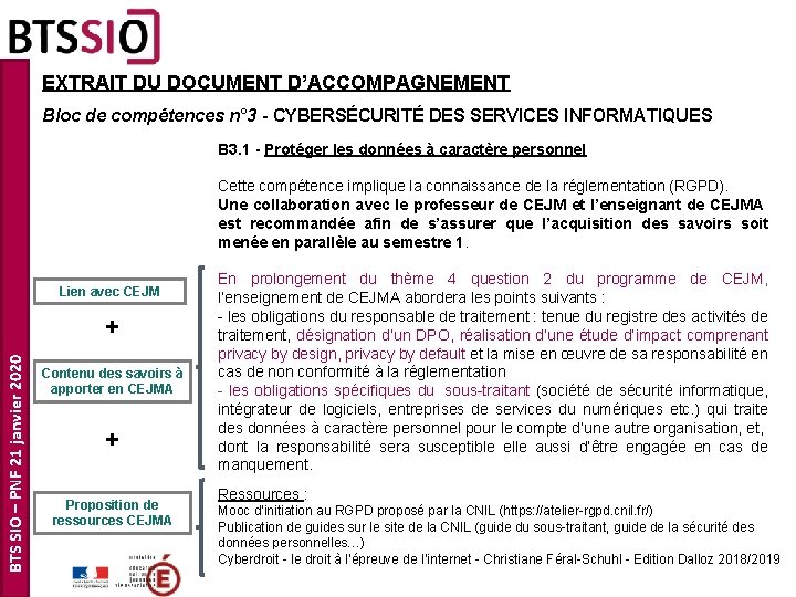 EXTRAIT DU DOCUMENT D’ACCOMPAGNEMENT Bloc de compétences n° 3 - CYBERSÉCURITÉ DES SERVICES INFORMATIQUES EXTRAIT DU DOCUMENT D’ACCOMPAGNEMENT Bloc de compétences n° 3 - CYBERSÉCURITÉ DES SERVICES INFORMATIQUES