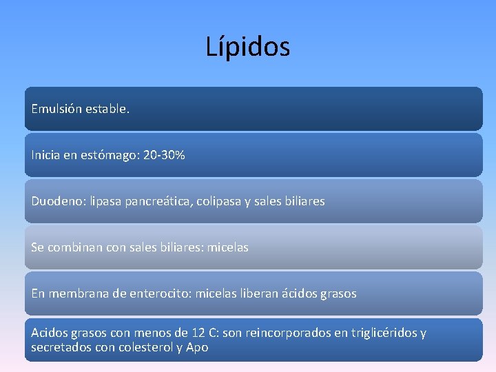 Lípidos Emulsión estable. Inicia en estómago: 20 -30% Duodeno: lipasa pancreática, colipasa y sales