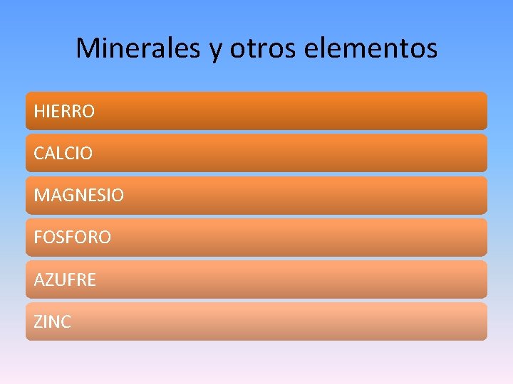 Minerales y otros elementos HIERRO CALCIO MAGNESIO FOSFORO AZUFRE ZINC 