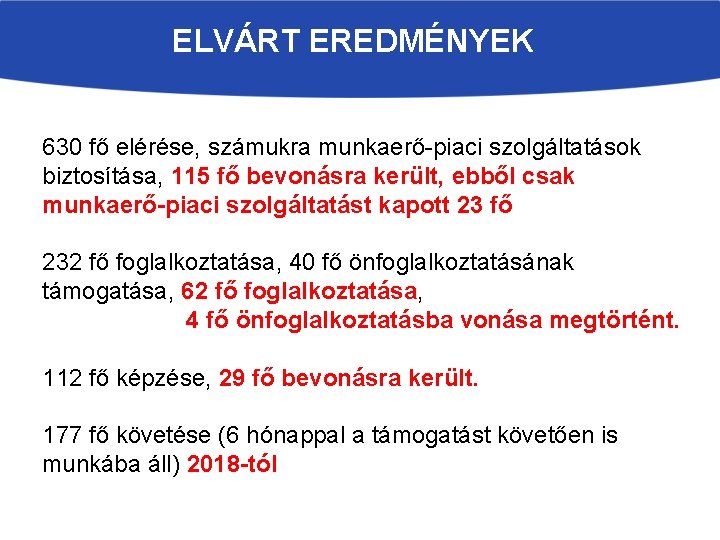 ELVÁRT EREDMÉNYEK 630 fő elérése, számukra munkaerő-piaci szolgáltatások biztosítása, 115 fő bevonásra került, ebből