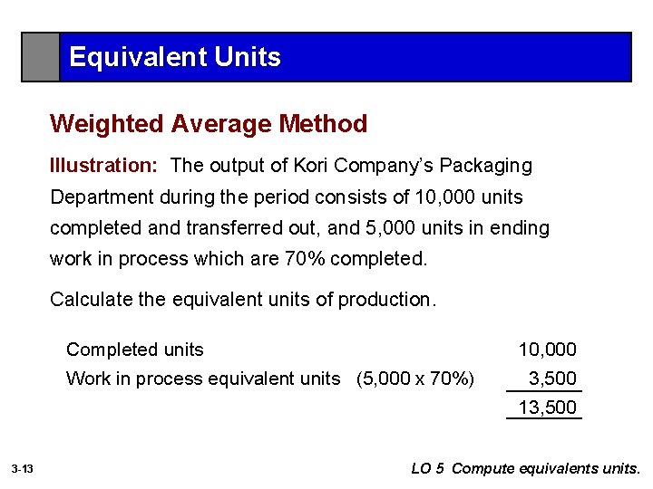 Equivalent Units Weighted Average Method Illustration: The output of Kori Company’s Packaging Department during