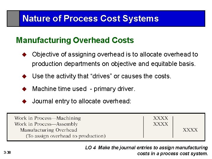 Nature of Process Cost Systems Manufacturing Overhead Costs 3 -38 u Objective of assigning