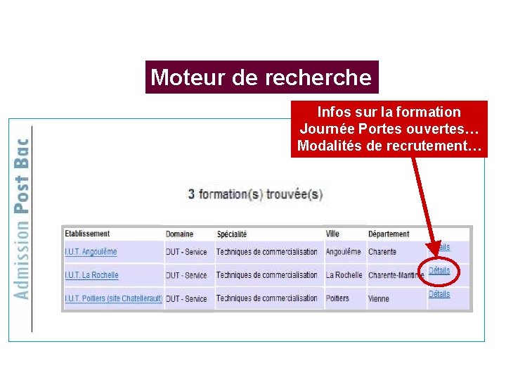Moteur de recherche Infos sur la formation Journée Portes ouvertes… Modalités de recrutement… Moteur de recherche Infos sur la formation Journée Portes ouvertes… Modalités de recrutement…