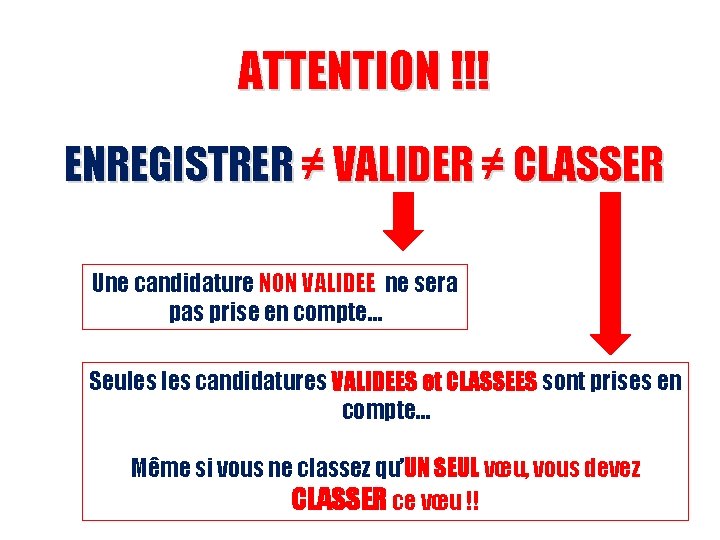 ATTENTION !!! ENREGISTRER ≠ VALIDER ≠ CLASSER Une candidature NON VALIDEE ne sera pas ATTENTION !!! ENREGISTRER ≠ VALIDER ≠ CLASSER Une candidature NON VALIDEE ne sera pas
