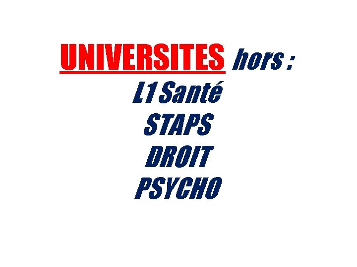 UNIVERSITES hors : L 1 Santé STAPS DROIT PSYCHO UNIVERSITES hors : L 1 Santé STAPS DROIT PSYCHO