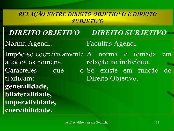 RELAÇÃO ENTRE DIREITO OBJETIOVO E DIREITO SUBJETIVO Prof. Audálio Ferreira Sobrinho 11 RELAÇÃO ENTRE DIREITO OBJETIOVO E DIREITO SUBJETIVO Prof. Audálio Ferreira Sobrinho 11
