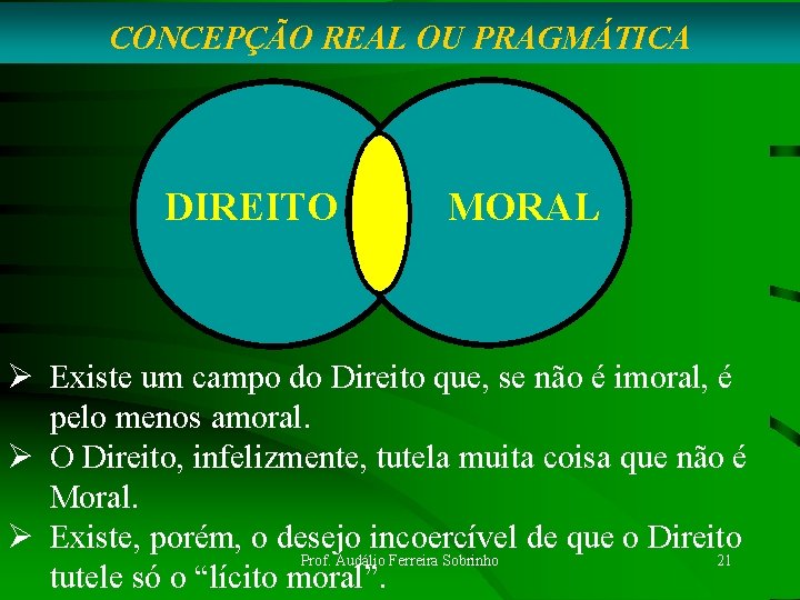 CONCEPÇÃO REAL OU PRAGMÁTICA DIREITO MORAL Ø Existe um campo do Direito que, se