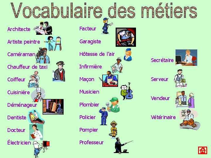 Architecte Facteur Artiste peintre Garagiste Caméraman Hôtesse de l’air Chauffeur de taxi Infirmière Coiffeur