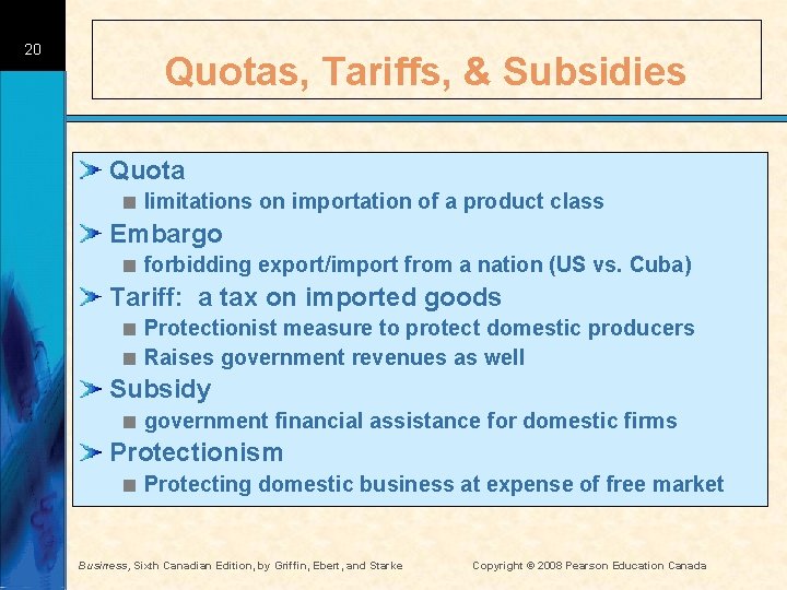 20 Quotas, Tariffs, & Subsidies Quota < limitations on importation of a product class