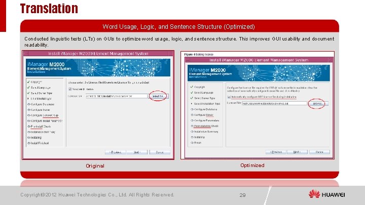 Translation Word Usage, Logic, and Sentence Structure (Optimized) Conducted linguistic tests (LTs) on GUIs