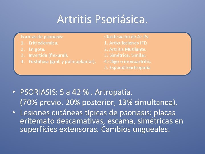 Artritis Psoriásica. Formas de psoriasis: 1. Eritrodermica. 2. En gota. 3. Invertida (flexural). 4.