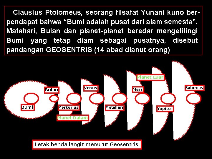 Clausius Ptolomeus, seorang filsafat Yunani kuno berpendapat bahwa “Bumi adalah pusat dari alam semesta”.