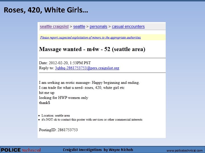 Roses, 420, White Girls… Craigslist Investigations by Wayne Nichols www. policetechnical. com 