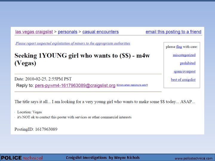 Craigslist Investigations by Wayne Nichols www. policetechnical. com 