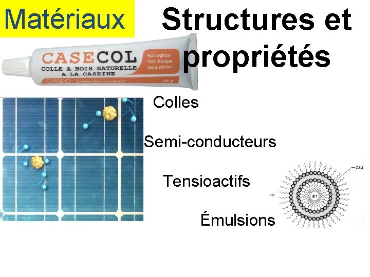 Matériaux Structures et propriétés Colles Semi-conducteurs Tensioactifs Émulsions 