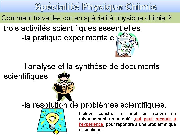 Spécialité Physique Chimie Comment travaille-t-on en spécialité physique chimie ? trois activités scientifiques essentielles