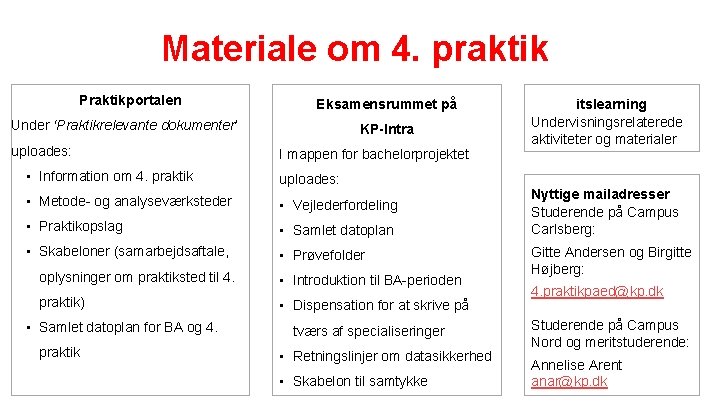 Materiale om 4. praktik Praktikportalen Eksamensrummet på Under ‘Praktikrelevante dokumenter’ KP-Intra uploades: I mappen