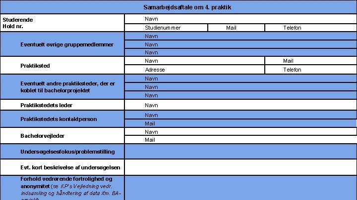 Samarbejdsaftale om 4. praktik Studerende Hold nr. Navn Studienummer Mail Telefon Navn Eventuelt øvrige