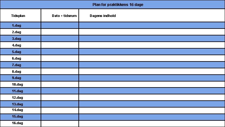 Plan for praktikkens 16 dage Tidsplan Dato + tidsrum Dagens indhold 1. dag 2.