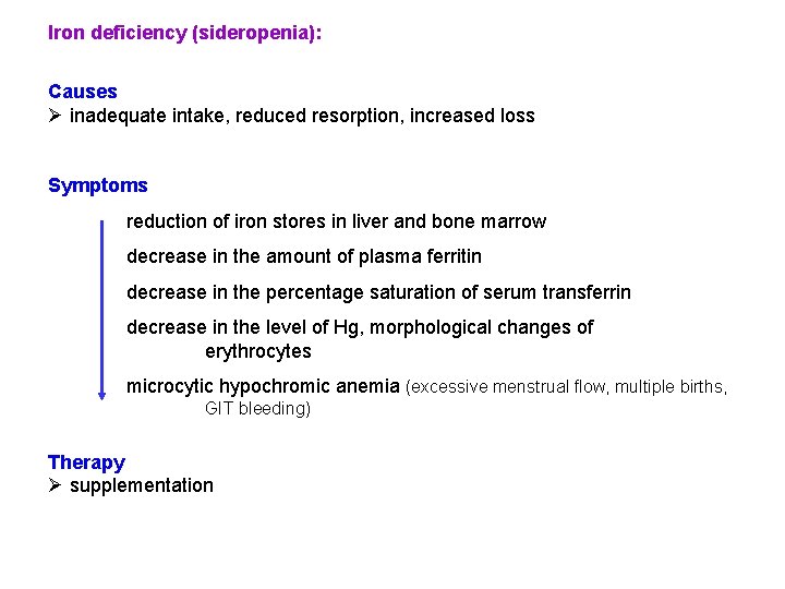 Iron deficiency (sideropenia): Causes Ø inadequate intake, reduced resorption, increased loss Symptoms reduction of