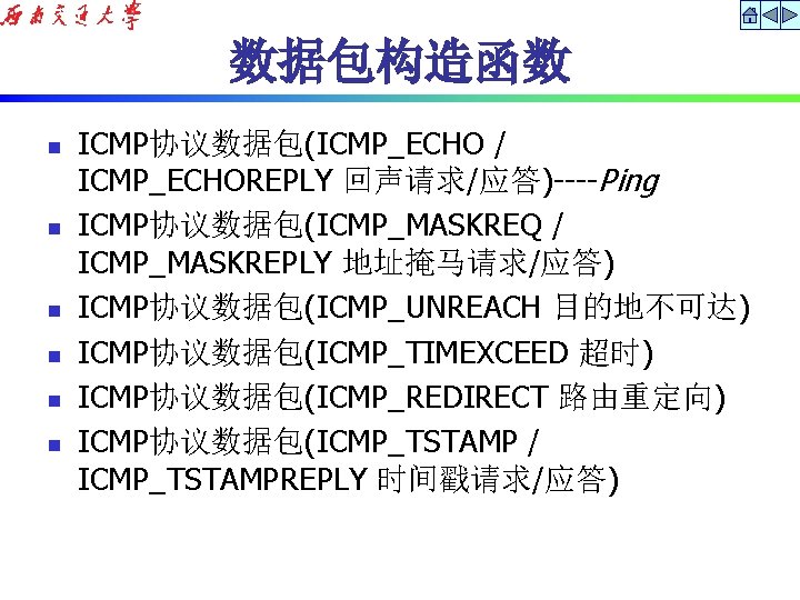 数据包构造函数 n n n ICMP协议数据包(ICMP_ECHO / ICMP_ECHOREPLY 回声请求/应答)----Ping ICMP协议数据包(ICMP_MASKREQ / ICMP_MASKREPLY 地址掩马请求/应答) ICMP协议数据包(ICMP_UNREACH 目的地不可达)